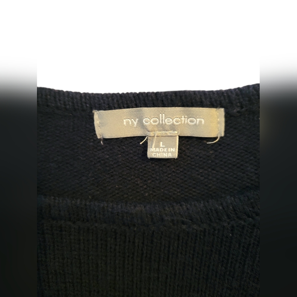 NY Collection Navy Blue and Cream Aztec Fringe Poncho Sweater - Picture 5 of 5